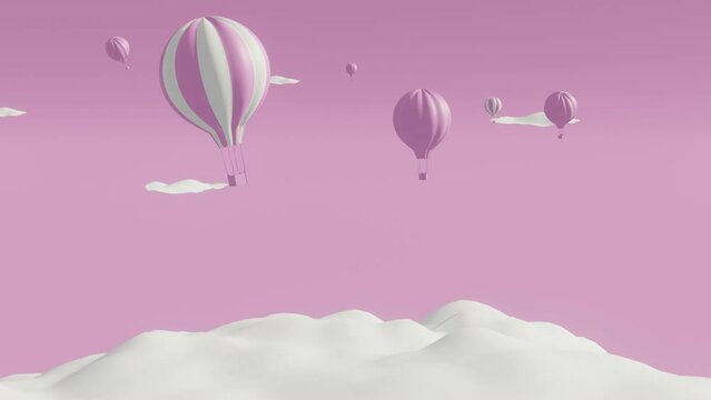 Balloons float among clouds in happy pink sky