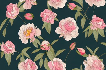 Floral seamless pattern with vintage peonies, buds, leaves. Botanical background. Wallpaper with lush spring flowers. Hand drawn realistic drawing 3d illustration for fabrics, clothes, goods