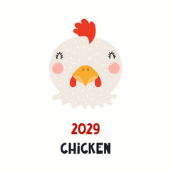 Cute cartoon chicken, Vietnamese zodiac sign, astrological symbol, isolated on white. Hand drawn vector illustration. Flat style design. 2029 Lunar New Year, Tet card, banner, horoscope element.