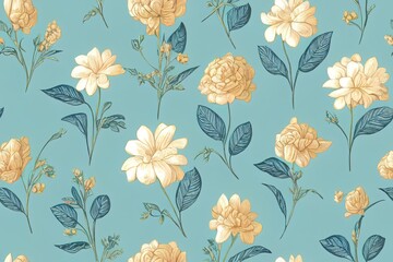 Vintage flowers and foliage seamless pattern on light blue background. Color illustration.