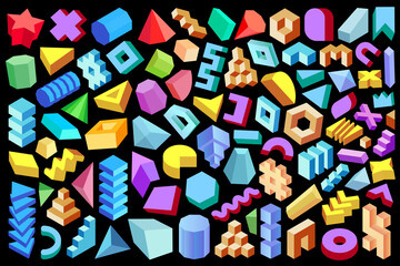 3D geometric design elements collection. Set of abstract geometric shapes, forms and figures isolated on black background.