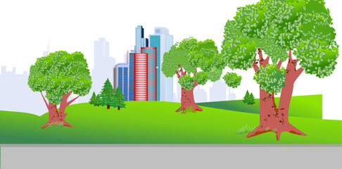 Beautiful view of a modern city. With trees in the foreground and shadows of buildings in the background. Vector illustration.