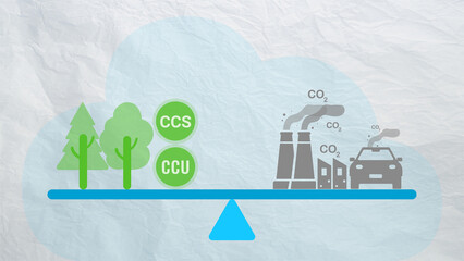 Carbon neutrality concept. Carbon dioxide reduction. CO2 gas emissions balance with carbon absorbed by trees and carbon capture technology. CO2 neutral balancing scale. Factory and transport pollution - obrazy, fototapety, plakaty