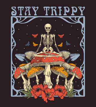 psychedelic illustration, the skeleton sits on fly agaric, print on a T -shirt. Stay trippy