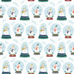 Seamless pattern of glass snow globe with snowman. 