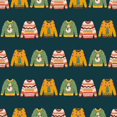 Cute Ugly Sweater Christmas seamless pattern. Warm knitted jumpers with snowflake, snowman. 