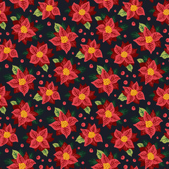 Poinsettia Christmas Flower. Seamless pattern with Christmas botanical plants, flowers.