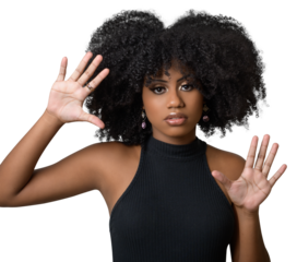 black woman makes gesture with open hand, denounces assault, moral harassment, cowardice, violence against woman, 