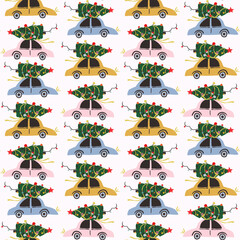 Seamless pattern with  pink, yellow and blue retro car with a fir tree. Vector illustration. 