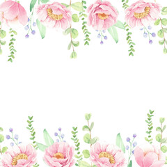 watercolor pink peony flower bouquet wreath with gold glitter frame square wedding invitation card or banner