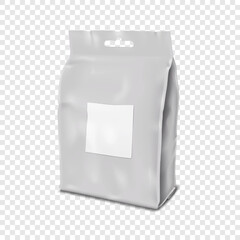 Plastic side gusseted bag with euro slot and white empty label sticker realistic vector mock-up. Blank package with hanging hole mockup