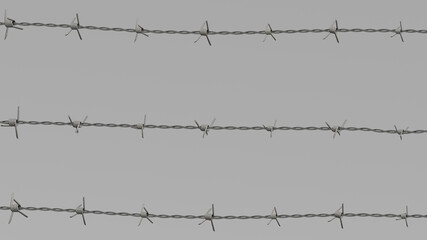 Barbed wire on a gray background. 3d render with barbed wire. Border protection. Barbed wire fence. Background images with metal wire. The concept of imprisonment or protection of territories.