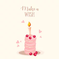 Fotobehang Happy Birthday Greeting Card. Postcard with macarons and candle for birthday wishes. Vector illustration, make a wish © Lunny Wind