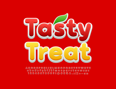 Vector colorful poster Tasty Treat. Bright red Font. Set of modern Alphabet Letters and Numbers set