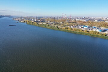 Fototapeta premium Aerial photography. Panoramic view of the river from above in autumn.