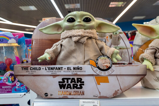 Star Wars hero Baby Yoda (Grogu Mandalorian) on supermarket stand. Minsk, Belarus, 2022