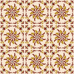 Seamless background image of vintage round spiral vine kaleidoscope pattern.