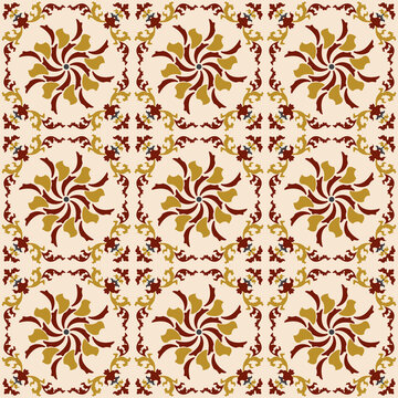 Seamless background image of vintage round spiral vine kaleidoscope pattern.