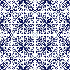 Seamless background image of vintage blue spiral flower vine kaleidoscope pattern.