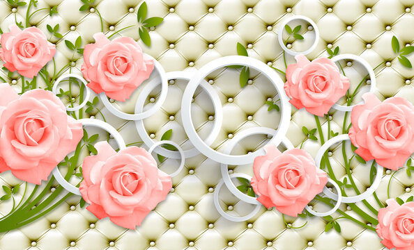 Pink Flowers With Circles On Leather Texture Wallpaper 3d