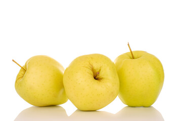 Three ripe yellow apples, macro, isolated on white background.