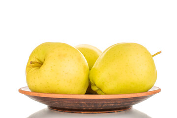 Three ripe yellow apples on a clay plate, macro, isolated on white background.