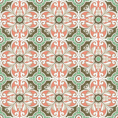 Seamless background image of vintage round spiral flower tile pattern.