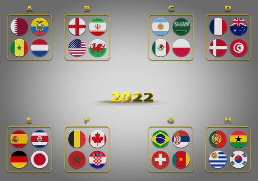 Concept 3d illustration groups of World Cup 2022 championship. All 32 qualifying countries.