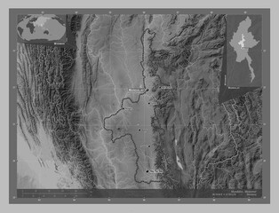 Mandalay, Myanmar. Grayscale. Labelled points of cities