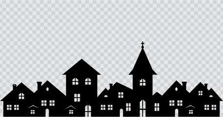 City with church and town hall, black silhouette on checkered background, window decoration, vector illustration, transparency, cut out