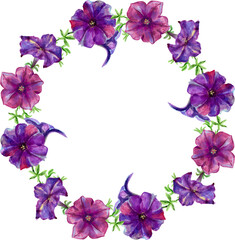 A wreath of petunia flowers. Watercolor illustration