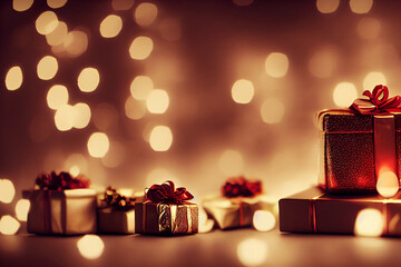 Christmas gift boxes and bokeh lights. 3D illustration
