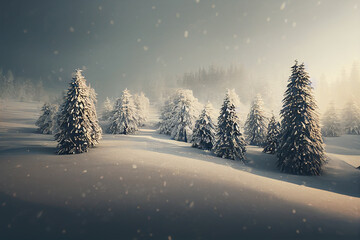 Frozen winter landscape with pine trees. Digital art