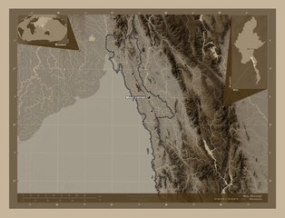 Mon, Myanmar. Sepia. Labelled points of cities