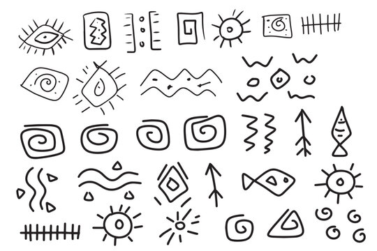 
Hieroglyphs inscriptions black and white lines Mexico Maya Aztecs ancient inscriptions doodle sketch drawn by hand separately on a white background