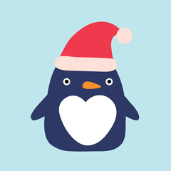 Vector illustration of cute little baby penguin isolated on white. Animal clipart in flat style. Cute baby penguin in winter outfits vector illustration. Penguin wearing winter hat.