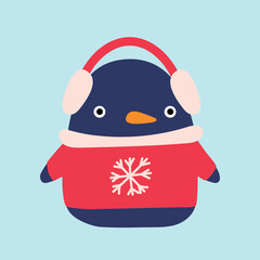 Cute penguin cartoon character. Funny penguin in a warm sweater and headphones. Christmas picture. Children's clip-art. Vector illustration in cartoon style.