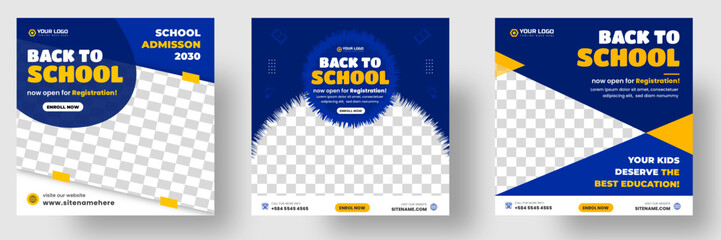 School admission social media post banner design. back to school social media post banner design set. Back to school admission promotion banner. school admission template for social media ad.