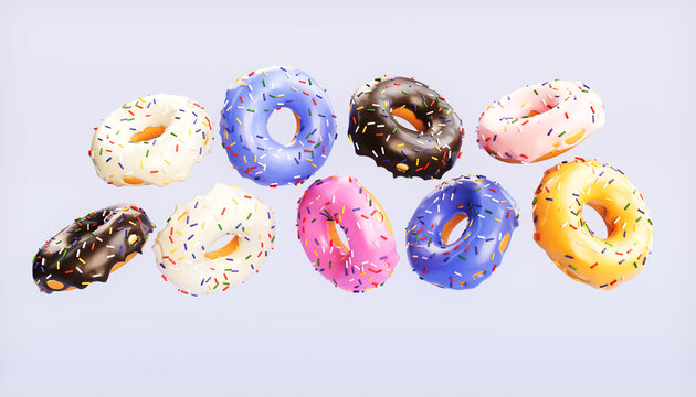Various decorated donuts in motion falling on blue background. Sweet and colourful doughnuts falling or flying in motion. 3d-illustration.