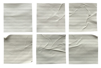 Straight line memo size white paper collection crumpled, creased and glued isolated on a white background.