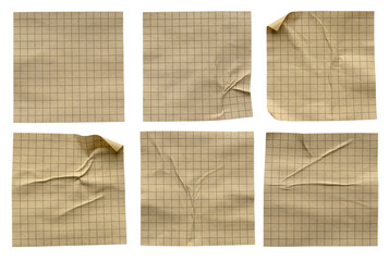 Small square grid pattern memo size brown paper collection crumpled, creased and glued isolated on...