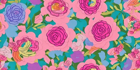 I am looking at a piece of art that consists of various colorful paper flowers. They are all different sizes and seem to be arranged in a deliberate, yet organic pattern. The overall effect is cheerfu