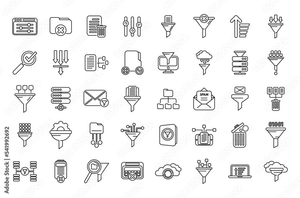 Poster content filter icons set outline vector. internet funnel. computer smart