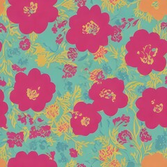 I am looking at a piece of art that consists of paper flowers. The design is created with different colors and sizes of flowers. They are all scattered on the page in no particular order. The overall 