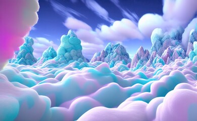 Magic fairytale Winter landscape with snow, mountains, pink fluffy clouds and fir trees against blue sky. Bright christmas wallpaper. 3D render.