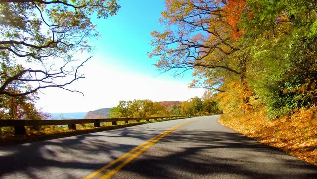 driving at the Blue Ridge Parkway, North Carolina on sunny autumn day. Vibrant fall park forest