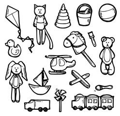 Toys for children of different ages. Set of different items. Outline hand drawn sketch. Drawing with ink. Isolated on white background. Vector.