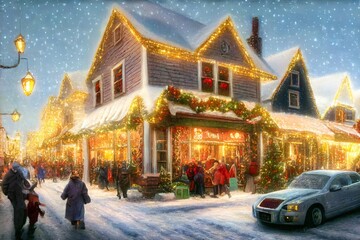 Christmas shopping town center at winter day.Holiday fair, xmas market at night,town square with people, kiosks and a Christmas tree. People walking and buying gifts in rush. Digital Painting