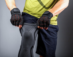 Athlete wearing, putting on knee support brace, elastic bandage for compression, protection during gym workout