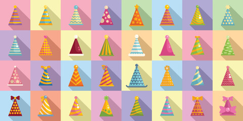 Party hats icons set flat vector. Birthday cap. Celebrate carnival